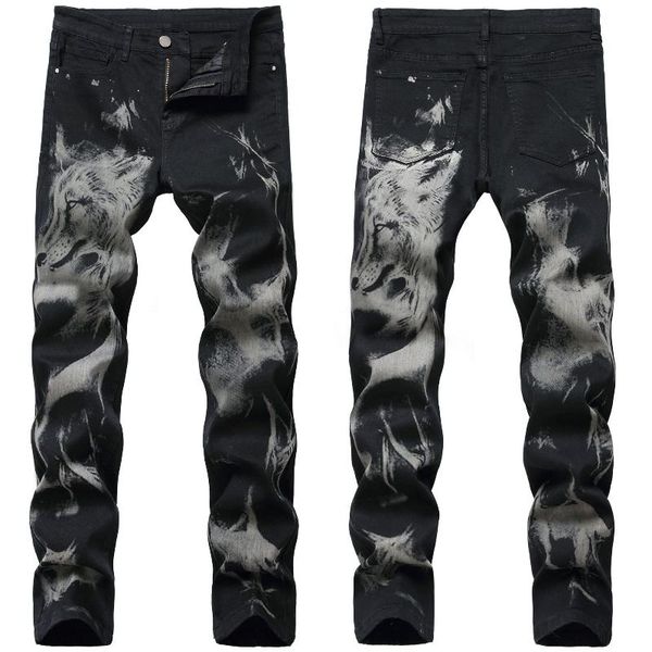 men's jeans printed men street fashion european american style wolf illustration slim skinny motorcycle male denim pants, Blue
men's jeans printed men street fashion european american style wolf illustration slim skinny motorcycle male denim pants, Blue