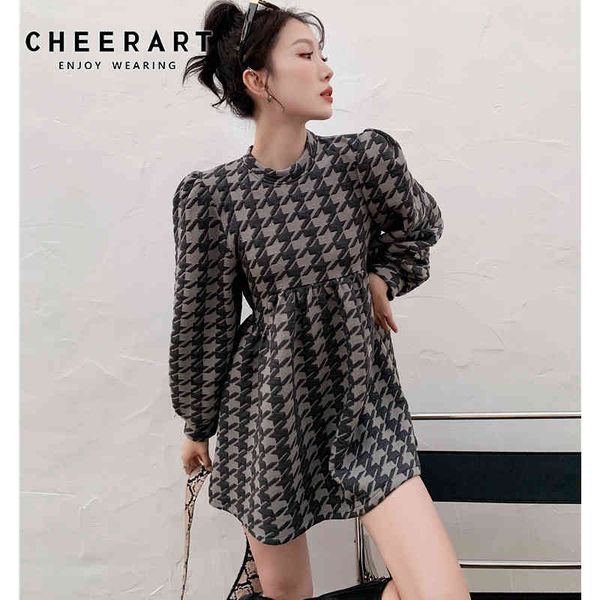 houndstooth puff sleeve autumn dress vintage long loose mini ladies korean fashion clothing 210427, Black;gray
houndstooth puff sleeve autumn dress vintage long loose mini ladies korean fashion clothing 210427, Black;gray