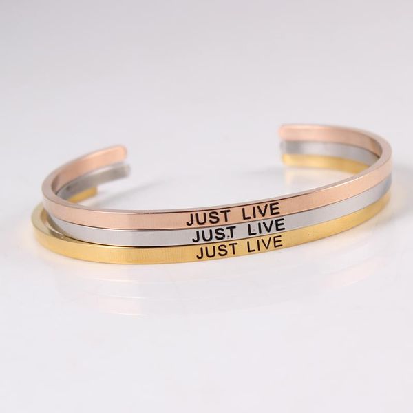 bangle inspirational quotes "just live"open cuff bracelets rose gold stainless steel bangles for women&men, Black
bangle inspirational quotes "just live"open cuff bracelets rose gold stainless steel bangles for women&men, Black