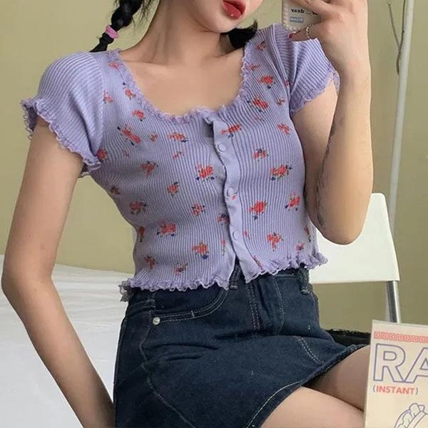 shirts women short sleeve lace ruffles floral print knitted crop summer fashion knitwear ladies buttons exposed navel tee women's t-sh, White
shirts women short sleeve lace ruffles floral print knitted crop summer fashion knitwear ladies buttons exposed navel tee women's t-sh, White