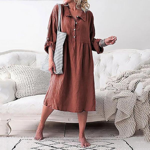 casual dresses women dress cotton linen loose solid color lapel shirt maxi autumn elegant vintage plus size vestidos, Black;gray 
casual dresses women dress cotton linen loose solid color lapel shirt maxi autumn elegant vintage plus size vestidos, Black;gray