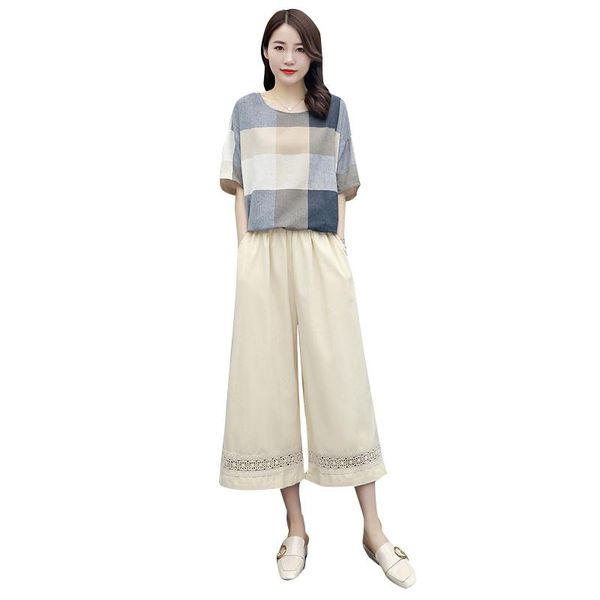 women's tracksuits large size ladies' cotton and linen suit summer grid sweatshirt & wide-legged trousers korean fashion two-piece, Gray
women's tracksuits large size ladies' cotton and linen suit summer grid sweatshirt & wide-legged trousers korean fashion two-piece, Gray