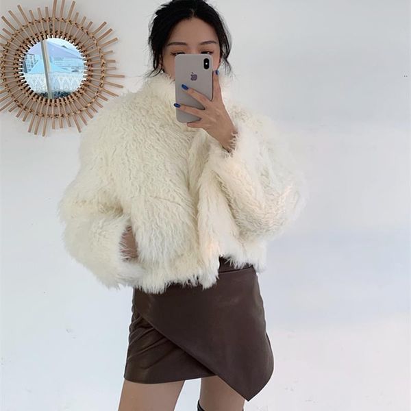 women's fur & faux woven design sense women 2021 white short thick plush jacket fashion warm high-end winter wool coat single button, Black