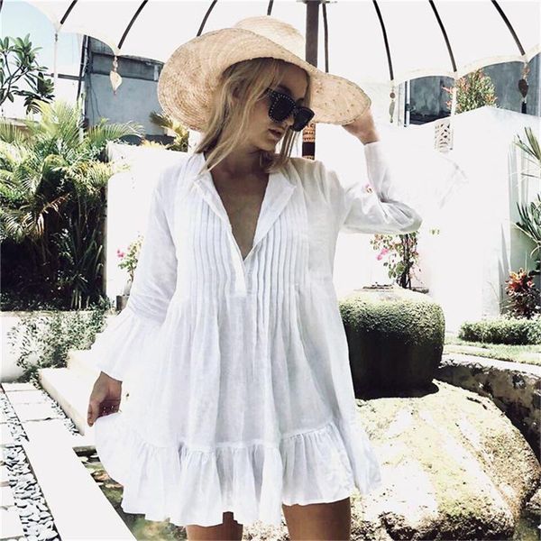 women's swimwear rayon pleated buttons ruffle pullover beach cover ups women vacation sun protection shirt loose bikini swimsuit up, White;black
women's swimwear rayon pleated buttons ruffle pullover beach cover ups women vacation sun protection shirt loose bikini swimsuit up, White;black