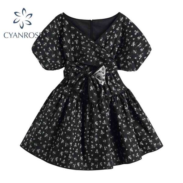 french party black mini dress women romantic floral print puff short sleeve vintage dresses elegant high waist bandage vestidos 210430, Black;gray
french party black mini dress women romantic floral print puff short sleeve vintage dresses elegant high waist bandage vestidos 210430, Black;gray