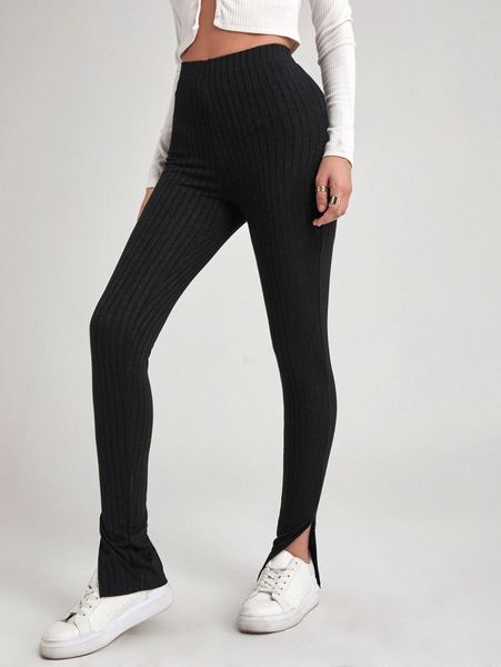 split hem rib-knit fitted pants j09f#, Black;white