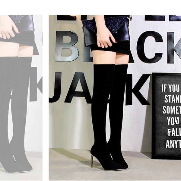 boots elastic stocking women's stiletto heels thigh high nightclubs thin pointed toe long womens shoes, Black
boots elastic stocking women's stiletto heels thigh high nightclubs thin pointed toe long womens shoes, Black
