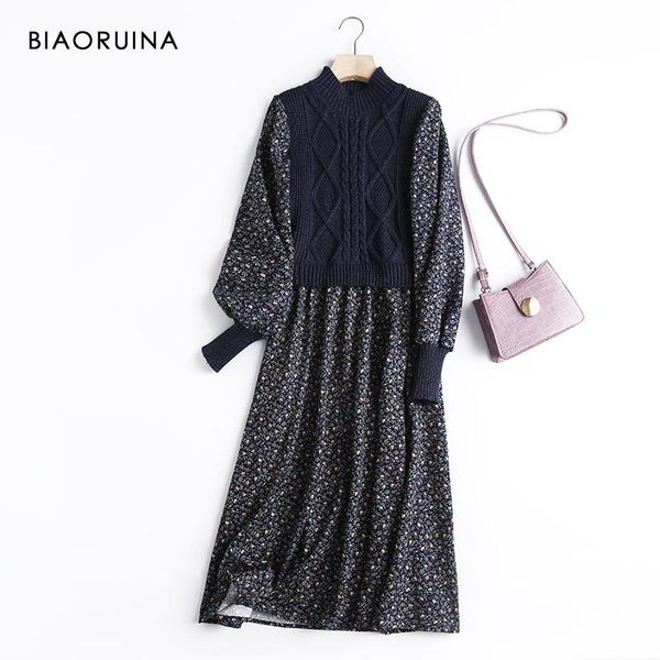 casual dresses biaoruina women's floral printed patchwork winding knitted long dress lantern sleeve ladies high waist elegant vestido, Black;gray 
casual dresses biaoruina women's floral printed patchwork winding knitted long dress lantern sleeve ladies high waist elegant vestido, Black;gray