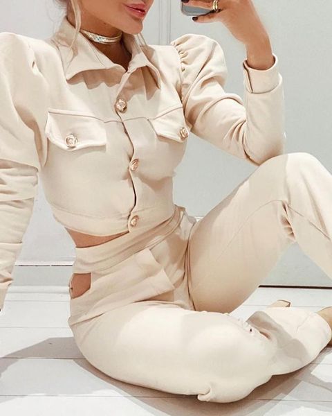 women's two piece pants pocket decorated button and open set, White