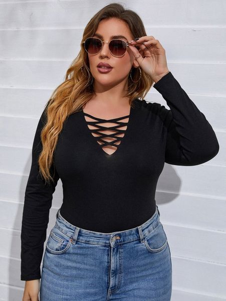 plus crisscross cut out bodysuit u3w6#, Black 
plus crisscross cut out bodysuit u3w6#, Black