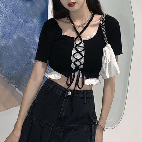 men's casual shirts bandage design black blouse women korean fashion short sleeve elegant slim 2021 summer clothes lady vintage y2, White;black
men's casual shirts bandage design black blouse women korean fashion short sleeve elegant slim 2021 summer clothes lady vintage y2, White;black