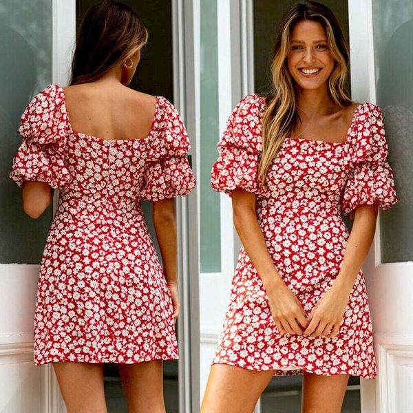women puff square neck vintage floral dress ladies summer beach short sleeve casual boho mini sundress women's swimwear, White;black
women puff square neck vintage floral dress ladies summer beach short sleeve casual boho mini sundress women's swimwear, White;black