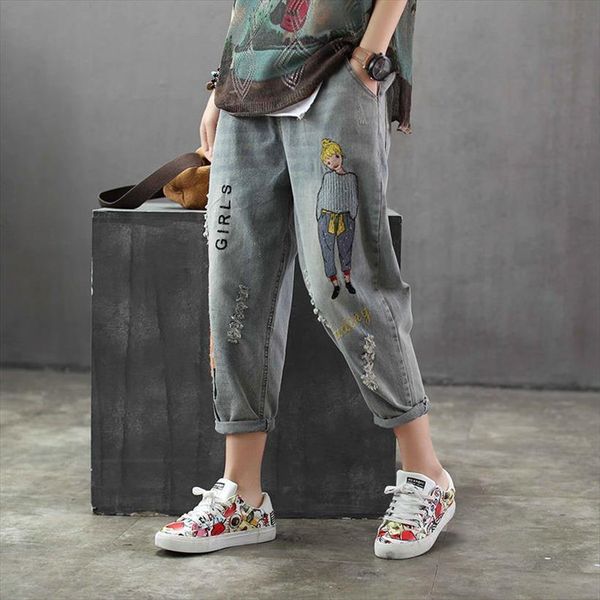korea fashion spring cartoon women jean embroidery loose denim harem pants elastic waist vintage hole calf length d115, Blue
korea fashion spring cartoon women jean embroidery loose denim harem pants elastic waist vintage hole calf length d115, Blue