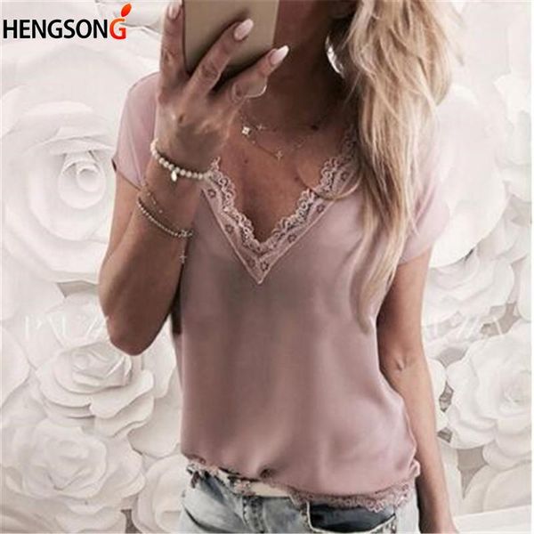women's t-shirt fashion summer lace loose short sleeve women casual clothes chiffon v-neck top, White
women's t-shirt fashion summer lace loose short sleeve women casual clothes chiffon v-neck top, White