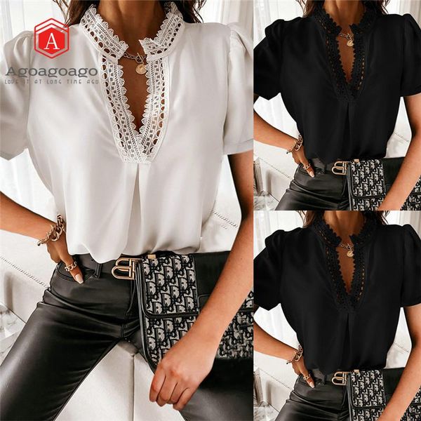 women's blouses & shirts casual women loose summer v-neck lace stiching short sleeve office lady pullover shirt, White
women's blouses & shirts casual women loose summer v-neck lace stiching short sleeve office lady pullover shirt, White