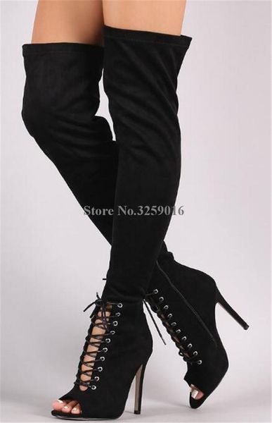 boots peep toe suede leather over knee thin heel fashion women cut-out lace-up slim long high club shoes, Black
boots peep toe suede leather over knee thin heel fashion women cut-out lace-up slim long high club shoes, Black