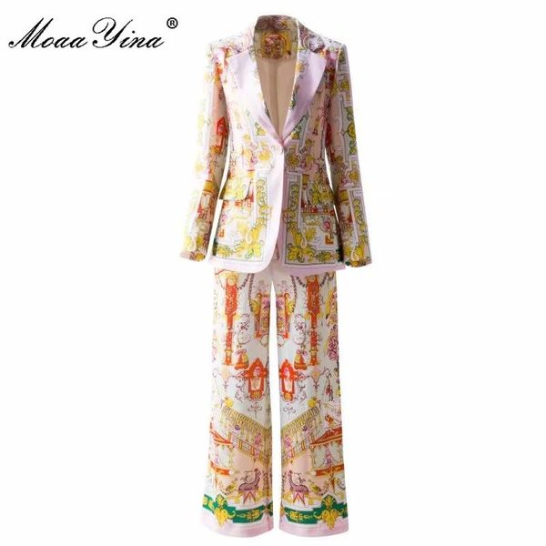 women's two piece pants moaayina fashion runway autumn print vintage set long sleeve single button jackets and suit, White
women's two piece pants moaayina fashion runway autumn print vintage set long sleeve single button jackets and suit, White