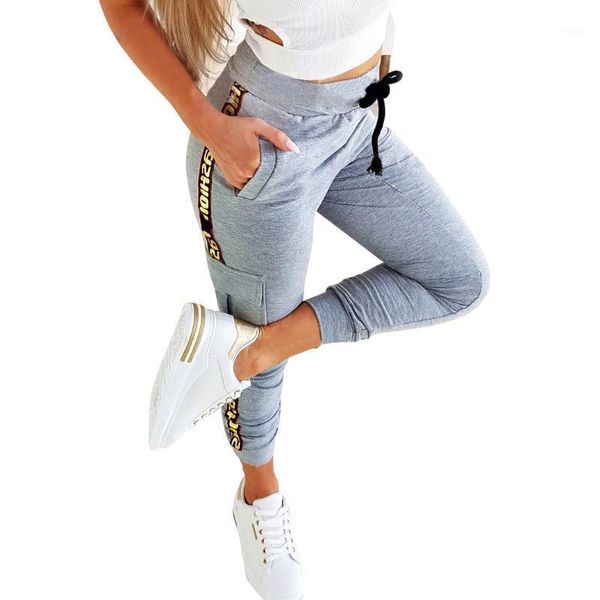 joggers sweatpants women solid gray drawstring casual sportswear skinny slim ladies high waist pencil pants workout outfit d30 women's, Black;white