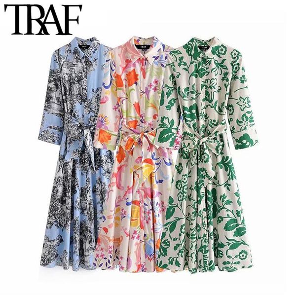 casual dresses traf women fashion with belt floral print midi shirt dress vintage three quarter sleeve button-up female vestidos mujer, Black;gray 
casual dresses traf women fashion with belt floral print midi shirt dress vintage three quarter sleeve button-up female vestidos mujer, Black;gray