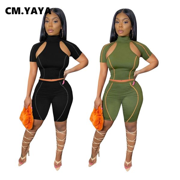 women short sets solid sheath elastic turtlene short sleeve hollow out crop empire shorts two piece set summerby air, White