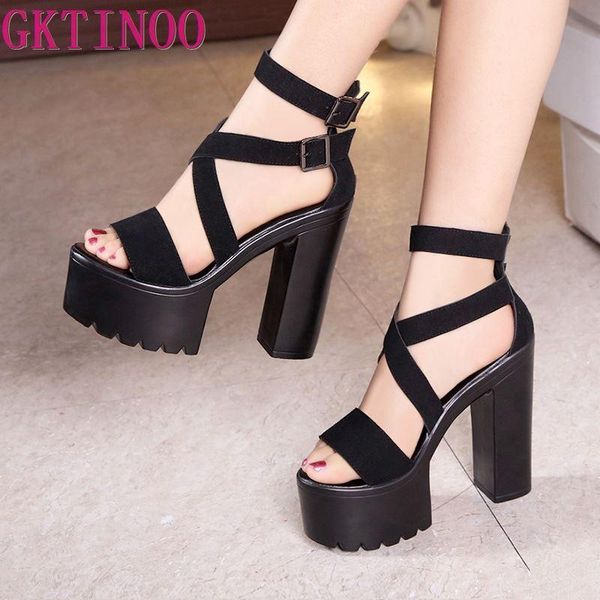 super high heels sandals ladies platform summer 2021 bandage block heel gladiator leather party shoes, Black