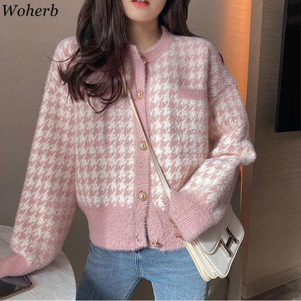 women's knits & tees woherb fashion plaid cropped cardigan women fall clothing 2021 pull femme imitated mink wool soft korean knit swe, White
women's knits & tees woherb fashion plaid cropped cardigan women fall clothing 2021 pull femme imitated mink wool soft korean knit swe, White