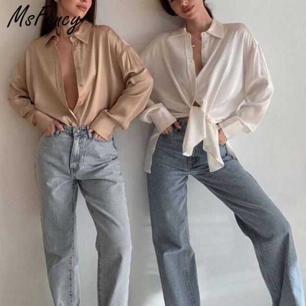 msfancy summer satin long sleeve shirt women bandage design loose blouse mujer side split vintage 210604, White
msfancy summer satin long sleeve shirt women bandage design loose blouse mujer side split vintage 210604, White
