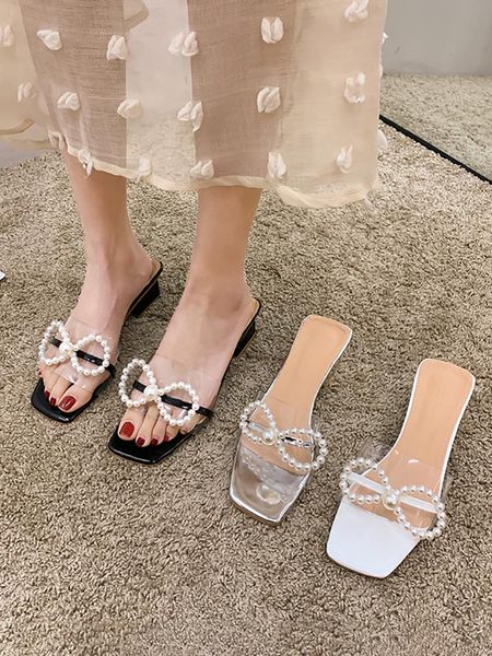 women's shoes 2021 summer style slippers sweet pearl bow thick heel transparent mid-heel, Black
women's shoes 2021 summer style slippers sweet pearl bow thick heel transparent mid-heel, Black
