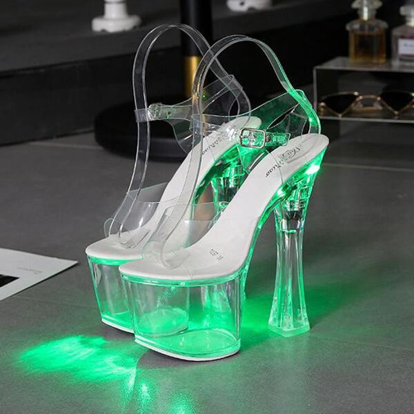 square heel women sandals light up glowing shoes luminous clear platform high 15cm transparent, Black 
square heel women sandals light up glowing shoes luminous clear platform high 15cm transparent, Black