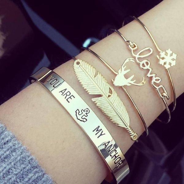 link, chain 4 pcs/set women's fashion retro punk bracelets bohemian jewelry love letter elk snowflake wedding bracelet gift leaves, Black
link, chain 4 pcs/set women's fashion retro punk bracelets bohemian jewelry love letter elk snowflake wedding bracelet gift leaves, Black