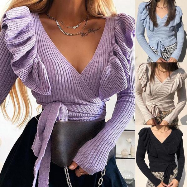 women's sweaters autumn winter women v neck long sleeve ruffles knitted sweater bandage pullover, White;black
women's sweaters autumn winter women v neck long sleeve ruffles knitted sweater bandage pullover, White;black
