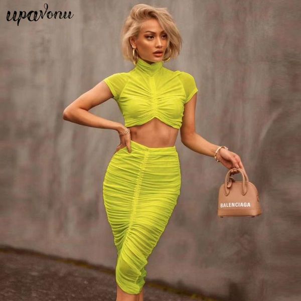 two piece dress summer fluorescent green short sleeve 2 set fashion pleated high collar bodycon & medium length bandage, White
two piece dress summer fluorescent green short sleeve 2 set fashion pleated high collar bodycon & medium length bandage, White