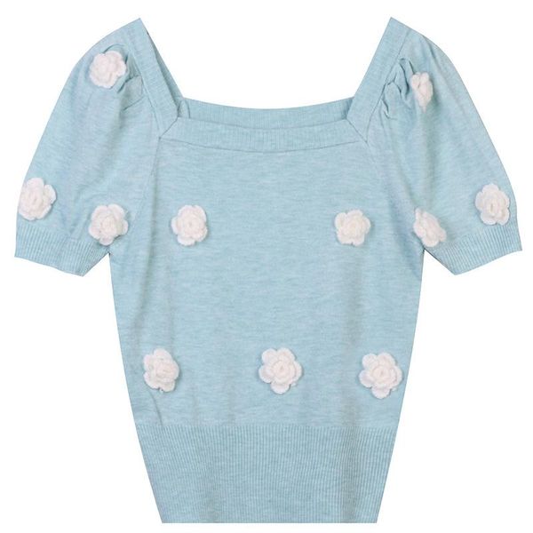 women's t-shirt summer 2021 3d flower knitted sweater square neck short sleeve round puff sweet women, White
women's t-shirt summer 2021 3d flower knitted sweater square neck short sleeve round puff sweet women, White