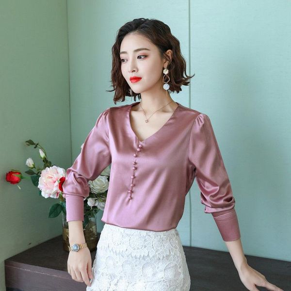 women autumn silk satin button lapel long sleeve shirts ladies office work elegant female v-neck blouses a129 women's &, White
women autumn silk satin button lapel long sleeve shirts ladies office work elegant female v-neck blouses a129 women's &, White
