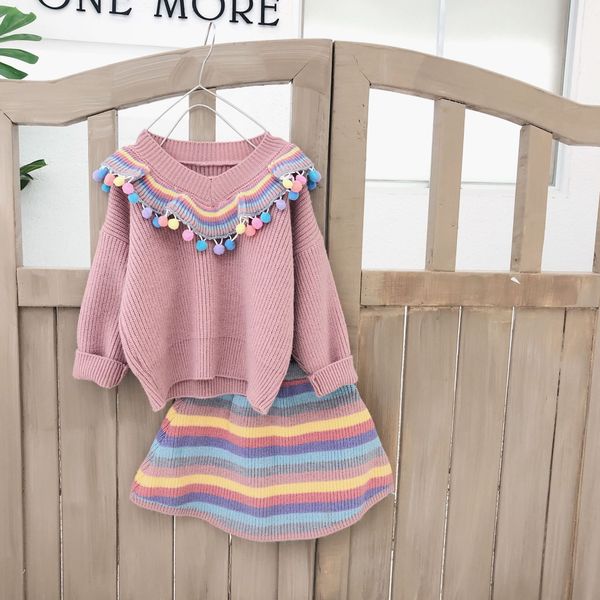 korean style baby girls knitted clothing sets multicolor pompom sweater rainbow striped skirt 2pcs autumn new children suits, Blue
korean style baby girls knitted clothing sets multicolor pompom sweater rainbow striped skirt 2pcs autumn new children suits, Blue