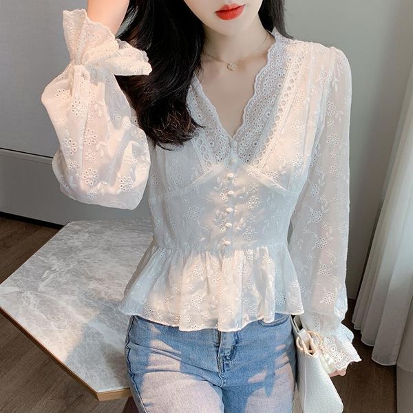 women's blouses & shirts ruffle blouse long sleeve 2021 autumn hollow flowers white cotton shirt v-neck lace blusas 80j
women's blouses & shirts ruffle blouse long sleeve 2021 autumn hollow flowers white cotton shirt v-neck lace blusas 80j