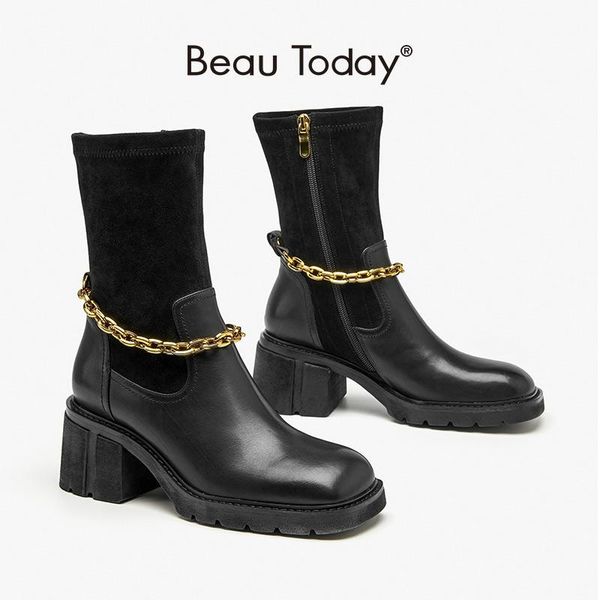 boots beautoday high heel women cow leather ankle stretch side zipper square toe metal chain ladies thick shoes 02414, Black
boots beautoday high heel women cow leather ankle stretch side zipper square toe metal chain ladies thick shoes 02414, Black