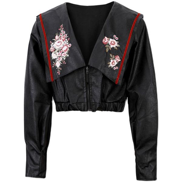 women's leather & faux getspring women coat embroidery printing short jacket for all match vintage autumn and winter coats 2021, Black
women's leather & faux getspring women coat embroidery printing short jacket for all match vintage autumn and winter coats 2021, Black