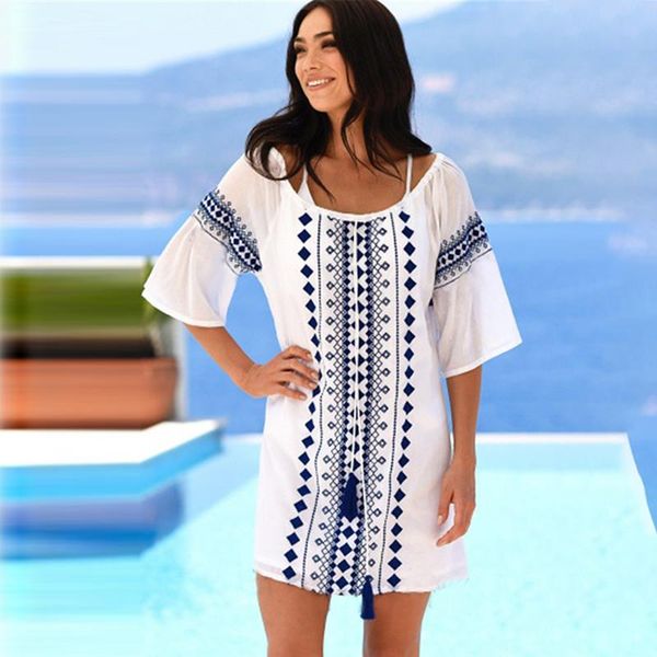 women's swimwear bathing suit cover ups plus size o neck printing beach dress tassel sarong saida de praia robe plage, White;black
women's swimwear bathing suit cover ups plus size o neck printing beach dress tassel sarong saida de praia robe plage, White;black