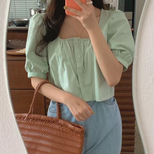 women's blouses & shirts summer short women sleeve single breasted square collar cute crop casual blusas mujer korean chemise femme, White
women's blouses & shirts summer short women sleeve single breasted square collar cute crop casual blusas mujer korean chemise femme, White