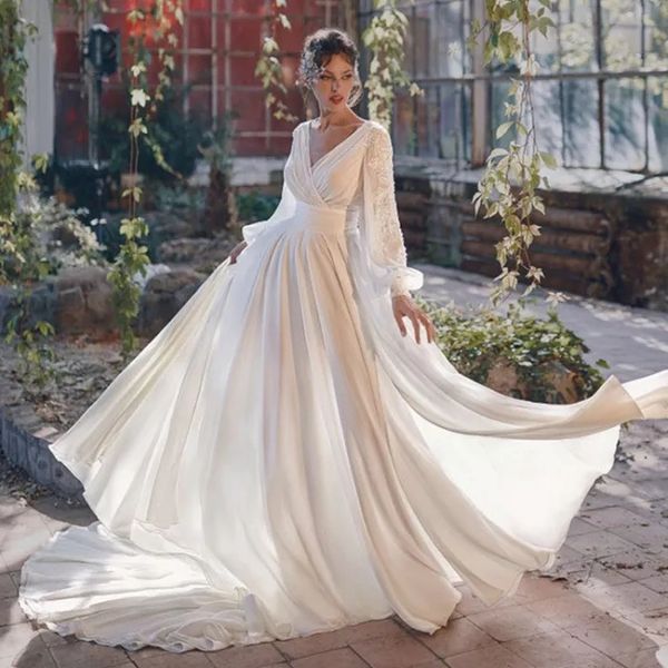 a line beach bridal gown summer chiffon wedding dresses v neck long sleeves applique lace, White
a line beach bridal gown summer chiffon wedding dresses v neck long sleeves applique lace, White