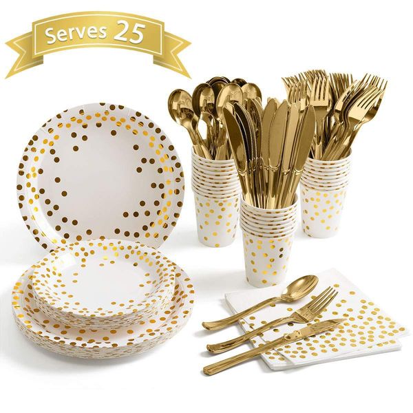 gilded dot party tableware knife, fork, spoon, paper cup, tray, towel decoration set
gilded dot party tableware knife, fork, spoon, paper cup, tray, towel decoration set