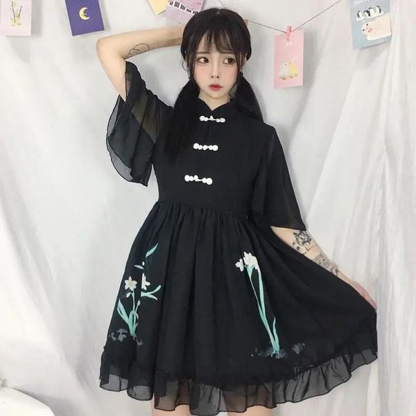 dress summer chinese style vintage black gowns frilly sweet short sleeve girl dress printed flowers, Black;gray
dress summer chinese style vintage black gowns frilly sweet short sleeve girl dress printed flowers, Black;gray