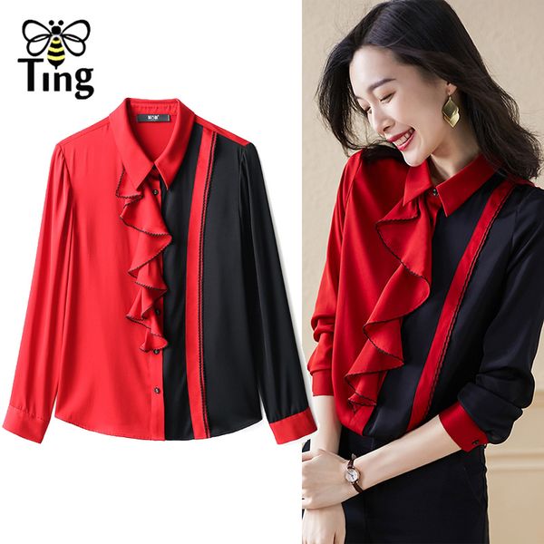 design lapel collar ruffles color block spring autumn satin blouse elegant women casual shirts chemises femme 210513, White
design lapel collar ruffles color block spring autumn satin blouse elegant women casual shirts chemises femme 210513, White