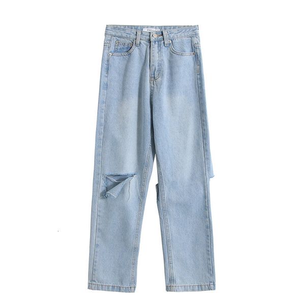jeans 2021 spring festival wannian rescue imperfect legs thin holes high waist straight leg pants aukj, Blue