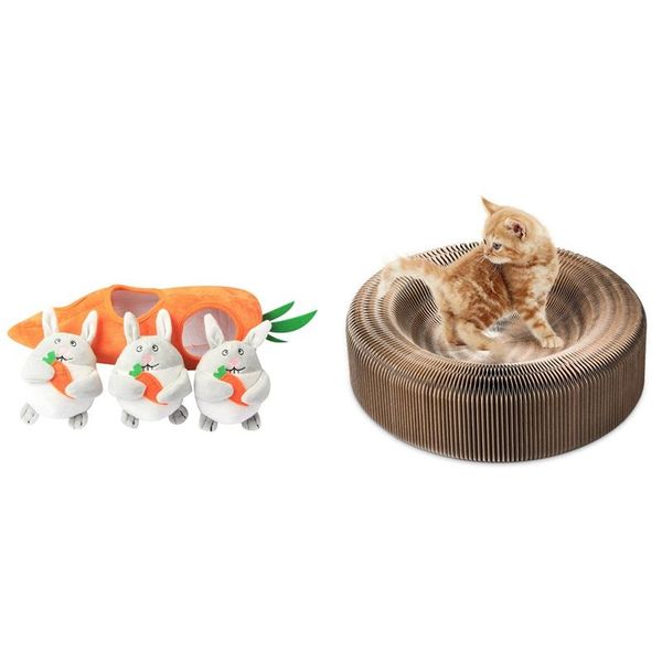 cat scratcher lounge collapsible cardboard toy & farm friends cave, interactive squeaky hide and seek plush toys
cat scratcher lounge collapsible cardboard toy & farm friends cave, interactive squeaky hide and seek plush toys