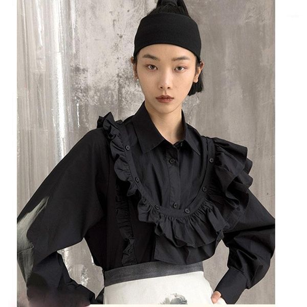 women's jackets black ruffle design shirt jacket women retro loose single-breasted spring and autumn k003, Black;brown
women's jackets black ruffle design shirt jacket women retro loose single-breasted spring and autumn k003, Black;brown
