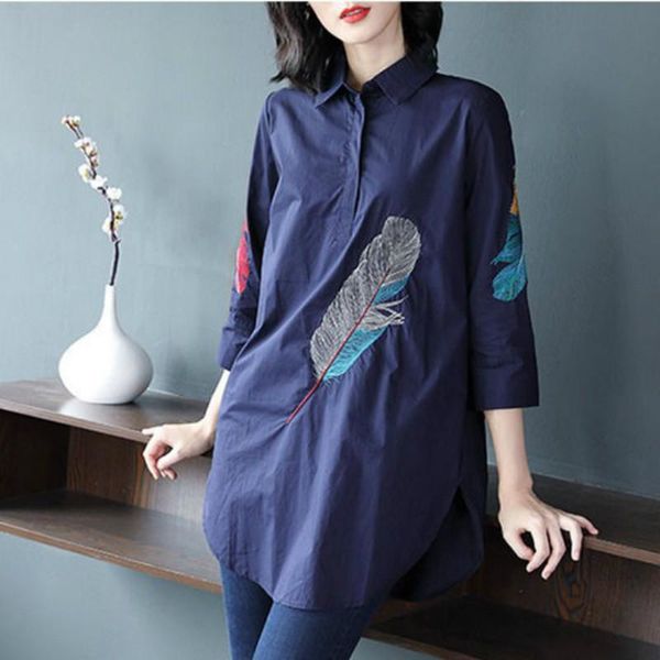 plus size 100% cotton feather embroidery long blouse women 3/4 sleeve art loose blue blouses and button down shirts women's, White
plus size 100% cotton feather embroidery long blouse women 3/4 sleeve art loose blue blouses and button down shirts women's, White