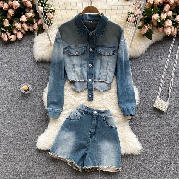 women's tracksuits singreiny women autumn retro fashion denim set design irregular short outerwear+high waist wide leg shorts two piece, Gray
women's tracksuits singreiny women autumn retro fashion denim set design irregular short outerwear+high waist wide leg shorts two piece, Gray