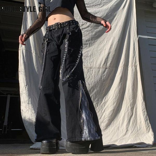 women's pants & capris punk black wide leg with chain women cargo trousers goth mall jogger techwear streetwear grunge bf pant baggy, Black;white 
women's pants & capris punk black wide leg with chain women cargo trousers goth mall jogger techwear streetwear grunge bf pant baggy, Black;white